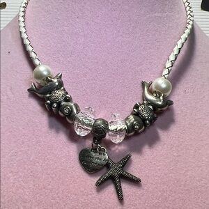 Silver Starfish Charm Necklace with Pearls - White